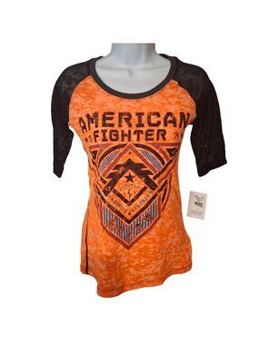 American Fighter Burnout Graphic Tee XS Orange Black Y2K MMA Biker Shirt